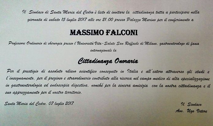 Santa Maria del Cedro (Cs) | Il 15 luglio la cittadinanza onoraria al Professore Massimo Falconi