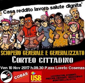Cosenza, il 10 novembre la città si ferma: sciopero generale e generalizzato