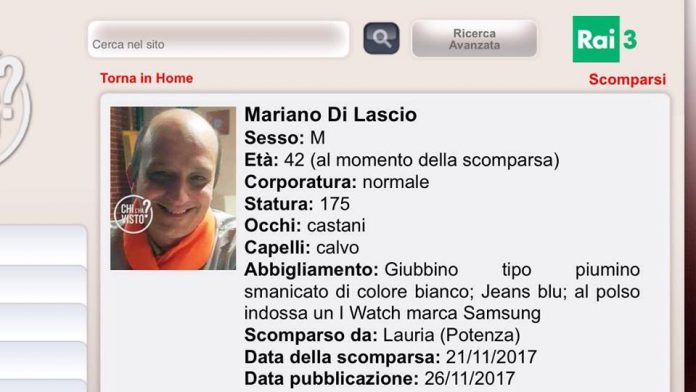 Lauria (Pz), proseguono le ricerche per ritrovare Mariano Di Lacio, stasera il caso a 'Chi l'ha visto?'